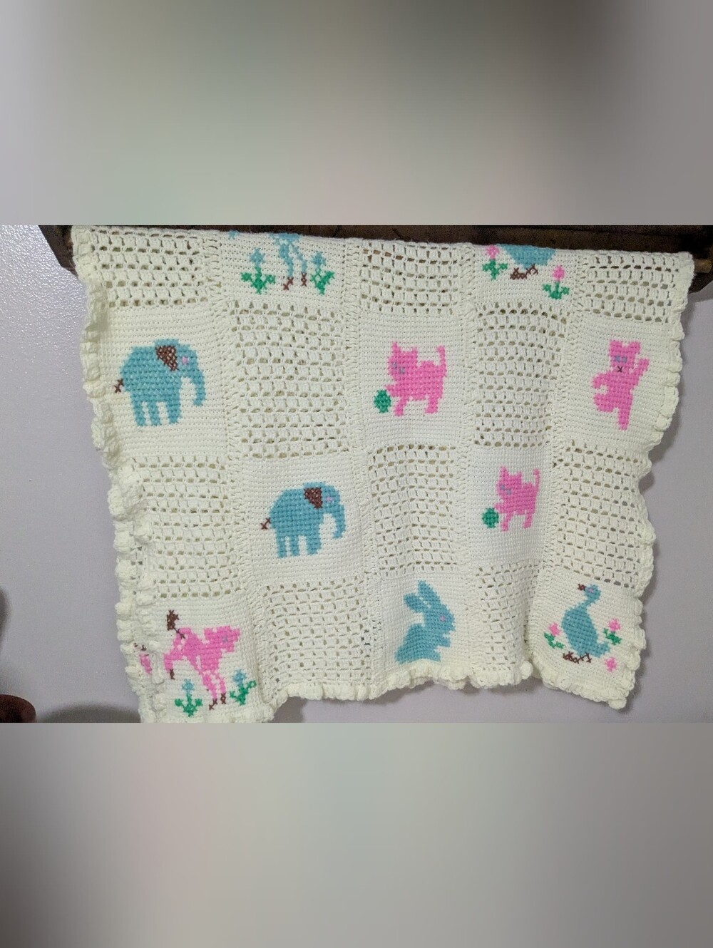 Vintage handmade Crochet Pastel with Cross Stitched Bunny, Lamb, Elephant, Duck